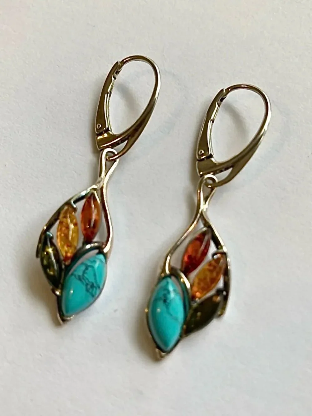 Turquoise and Amber Teardrop Dangle Earrings - Silver Tone